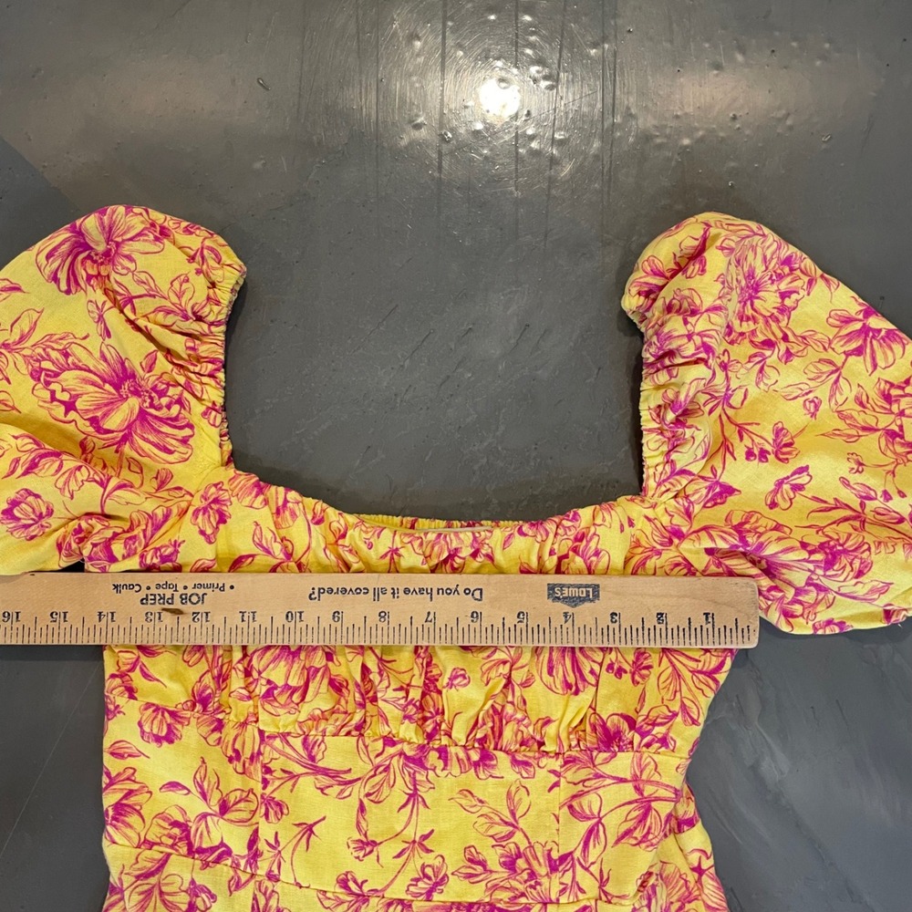 London Times Yellow Pink Floral Linen Smocked Puff Sleeve Maxi Dress 4 Milkmaid - Picture 3 of 9